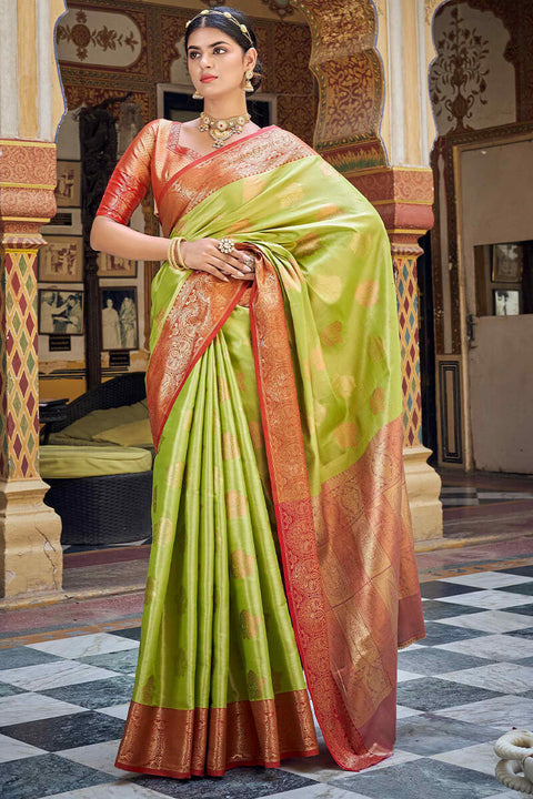 VastraLakshmi Amiable Parrot Green Soft Banarasi Silk Saree With Fragrant Blouse Piece