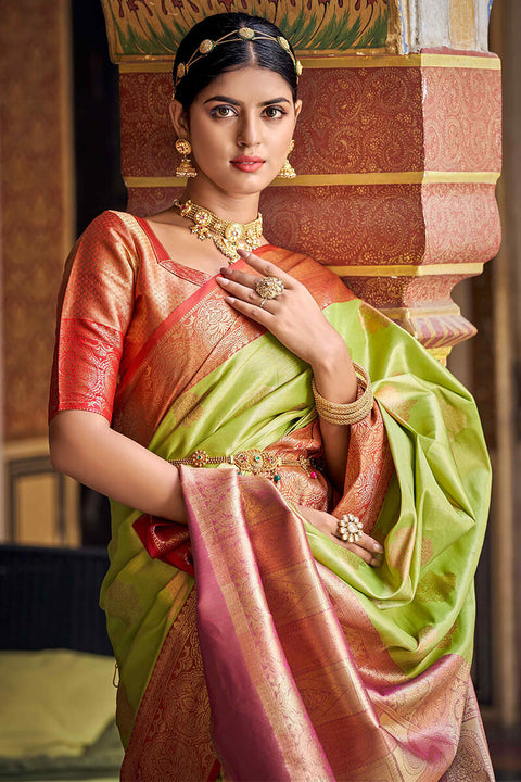 VastraLakshmi Amiable Parrot Green Soft Banarasi Silk Saree With Fragrant Blouse Piece