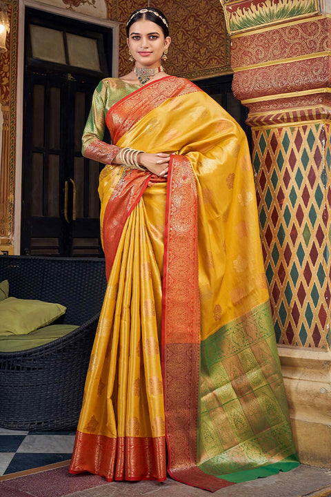 VastraLakshmi Imaginative Yellow Soft Banarasi Silk Saree With Improbable Blouse Piece