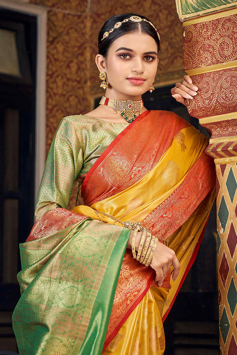 VastraLakshmi Imaginative Yellow Soft Banarasi Silk Saree With Improbable Blouse Piece