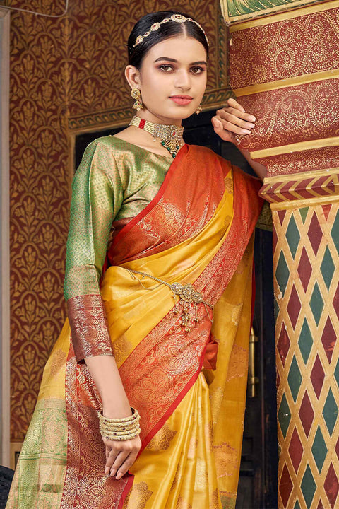 VastraLakshmi Imaginative Yellow Soft Banarasi Silk Saree With Improbable Blouse Piece