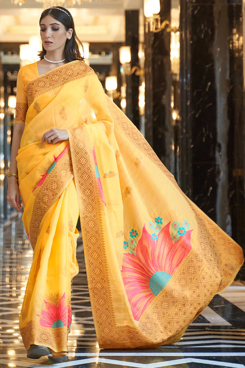 VastraLakshmi Pretty Yellow Cotton Silk Saree With Gleaming Blouse Piece