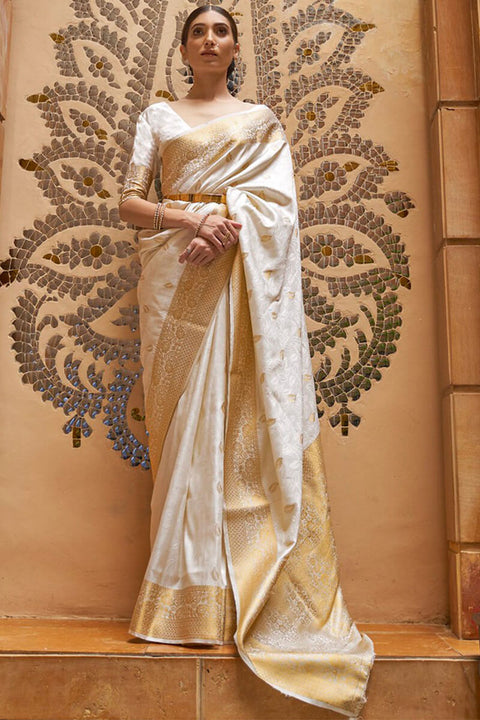 VastraLakshmi Dissemble White Kanjivaram Silk Saree With Embrocation Blouse Piece