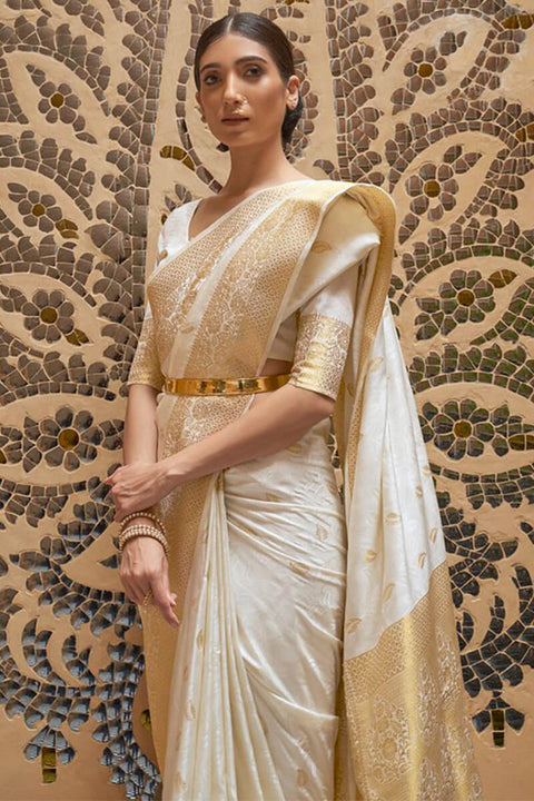 VastraLakshmi Dissemble White Kanjivaram Silk Saree With Embrocation Blouse Piece