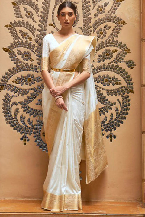 VastraLakshmi Dissemble White Kanjivaram Silk Saree With Embrocation Blouse Piece