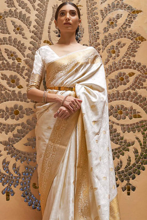 VastraLakshmi Dissemble White Kanjivaram Silk Saree With Embrocation Blouse Piece