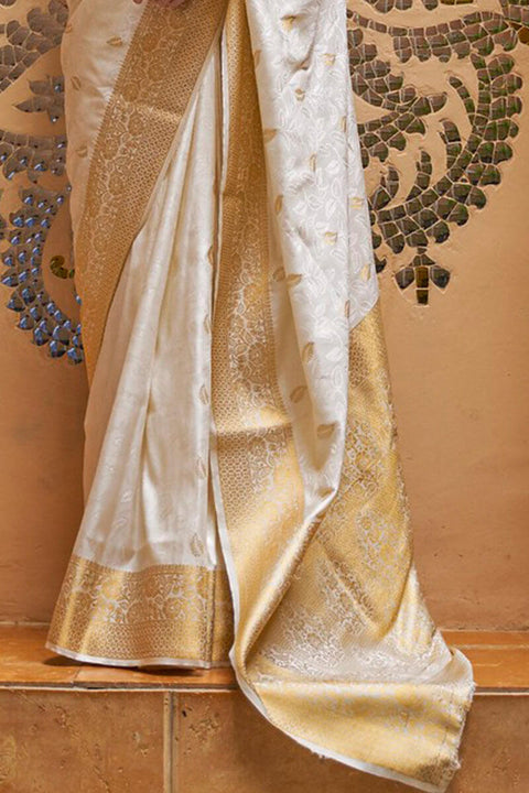 VastraLakshmi Dissemble White Kanjivaram Silk Saree With Embrocation Blouse Piece