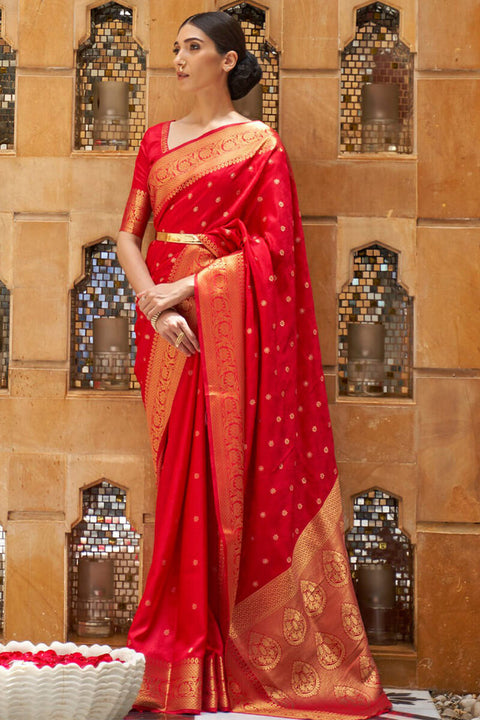 VastraLakshmi Mellifluous Red Kanjivaram Silk Saree With Panoply Blouse Piece