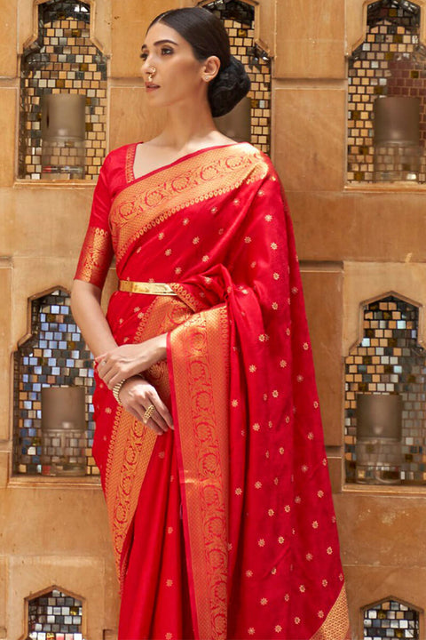 VastraLakshmi Mellifluous Red Kanjivaram Silk Saree With Panoply Blouse Piece