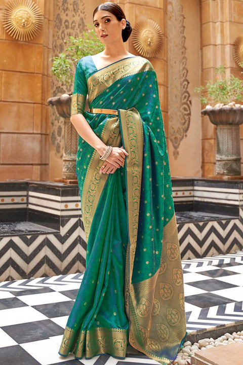 VastraLakshmi Redolent Rama Kanjivaram Silk Saree With Susurrous Blouse Piece