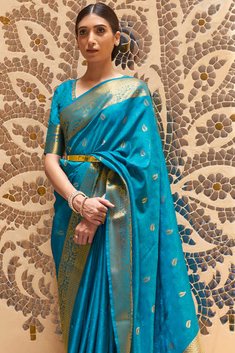 VastraLakshmi Exuberant Firozi Kanjivaram Silk Saree With Artistic Blouse Piece