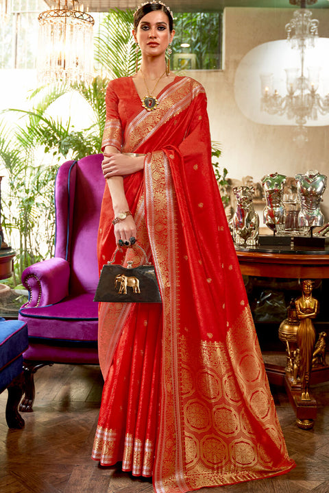 VastraLakshmi Incomparable Red Kanjivaram Silk Saree With Imaginative Blouse Piece