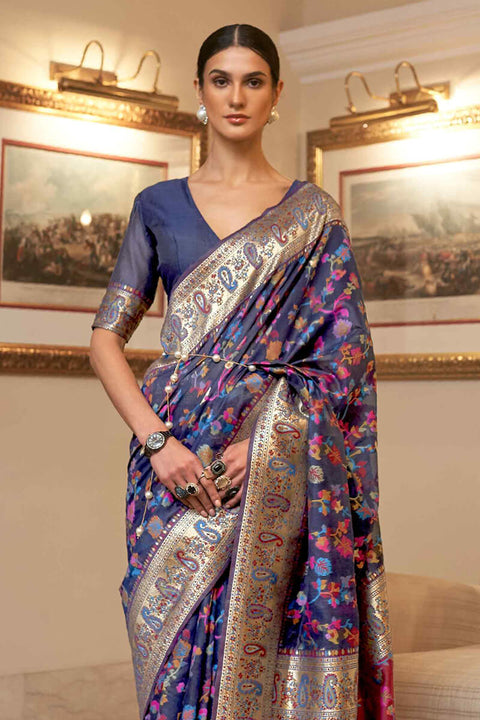 VastraLakshmi Exuberant Navy Blue Pashmina saree With Ratatouille Blouse Piece