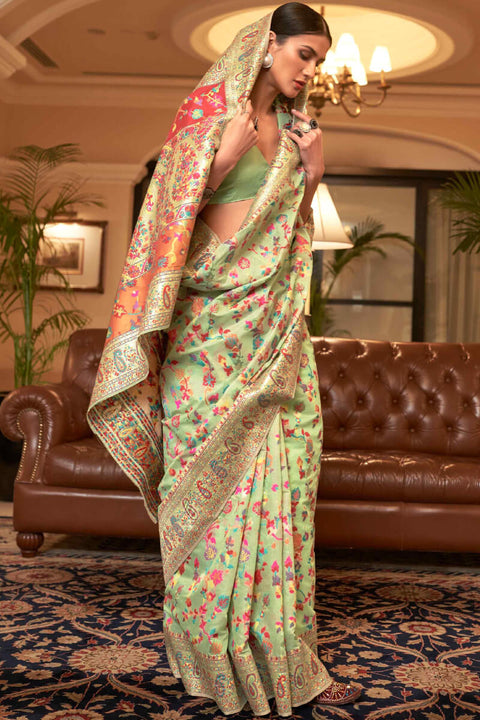 VastraLakshmi Exuberant Pista Pashmina saree With Ratatouille Blouse Piece