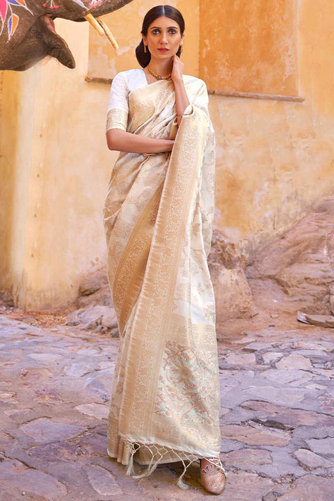 VastraLakshmi Glittering Beige Soft Banarasi Silk Saree With Tempting Blouse Piece