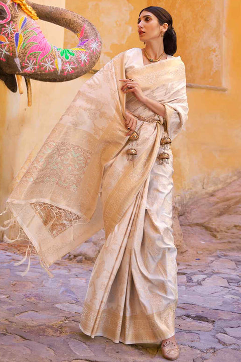 VastraLakshmi Glittering Beige Soft Banarasi Silk Saree With Tempting Blouse Piece