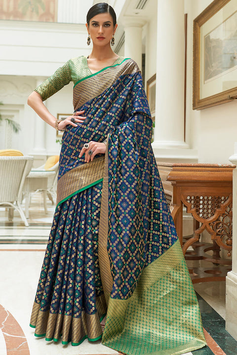 VastraLakshmi Bucolic Navy Blue Soft Patola Silk Saree with Gossamer Blouse Piece