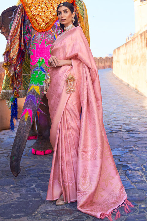 VastraLakshmi Jazzy Pink Kanjivaram Silk Saree with Exceptional Blouse Piece