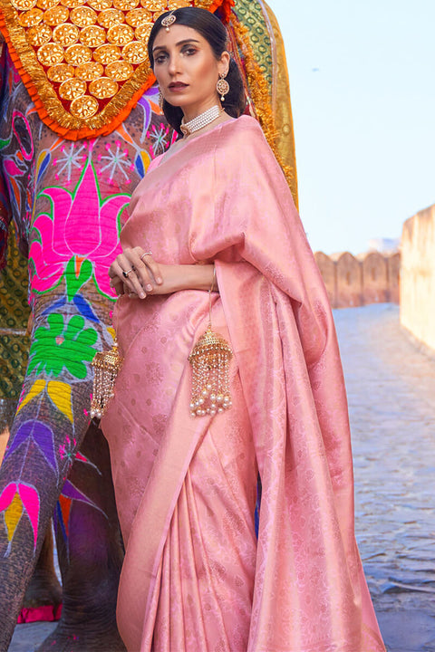 VastraLakshmi Jazzy Pink Kanjivaram Silk Saree with Exceptional Blouse Piece