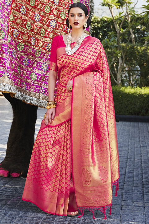 VastraLakshmi Ideal Dark Pink Kanjivaram Silk Saree With Ebullience Blouse Piece