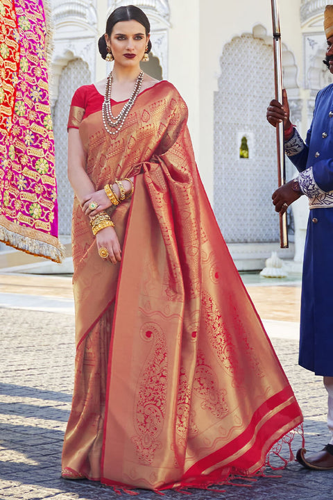 VastraLakshmi Amiable Red Kanjivaram Silk Saree With Incomparable Blouse Piece