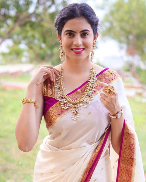 VastraLakshmi Lissome Off White Soft Silk Saree With Admirable Blouse Piece