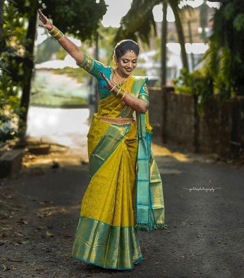 VastraLakshmi Magnetic Yellow Soft Banarasi Silk Saree With Scintilla Blouse Piece