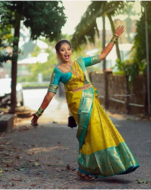 VastraLakshmi Magnetic Yellow Soft Banarasi Silk Saree With Scintilla Blouse Piece