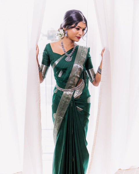 VastraLakshmi Gleaming Dark Green Soft Banarasi Silk Saree With Beautiful Blouse Piece