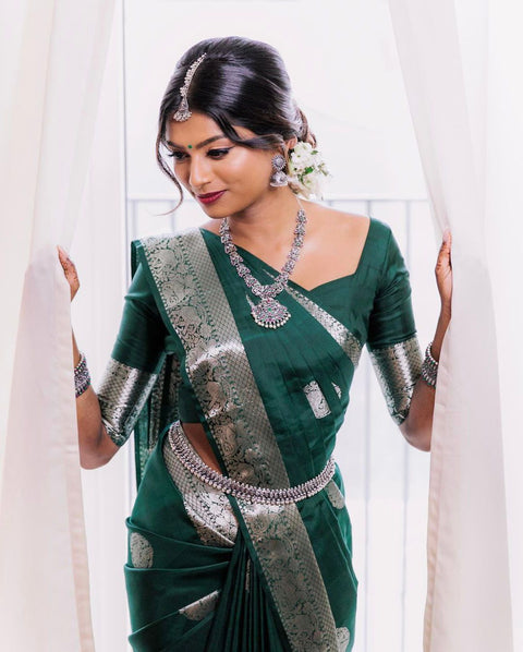 VastraLakshmi Gleaming Dark Green Soft Banarasi Silk Saree With Beautiful Blouse Piece