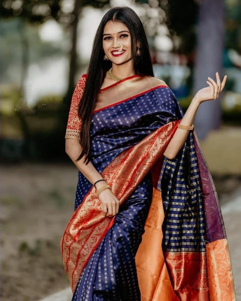 VastraLakshmi Glowing Royal Blue Soft Banarasi Silk Saree With Surpassing Blouse Piece