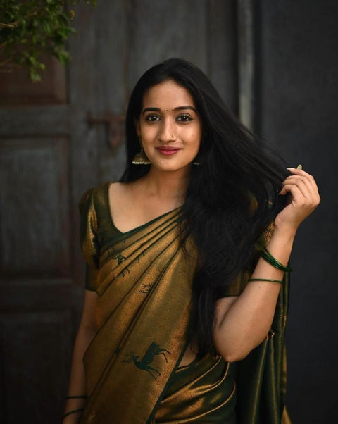 VastraLakshmi Gossamer Dark Green Soft Silk Saree With Comely Blouse Piece