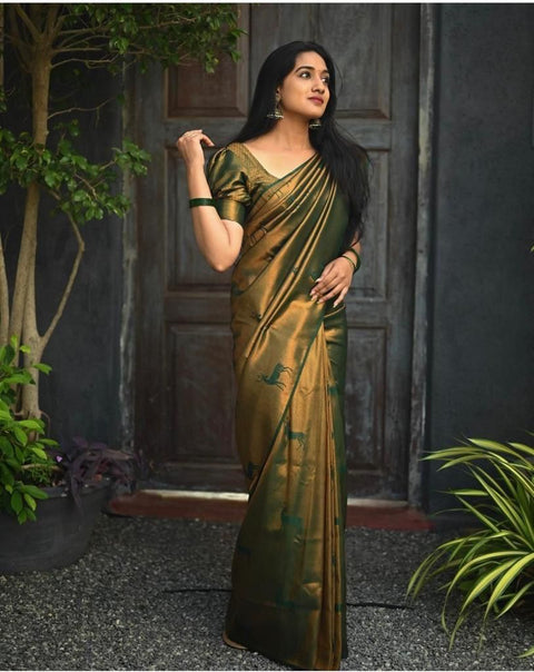 VastraLakshmi Gossamer Dark Green Soft Silk Saree With Comely Blouse Piece