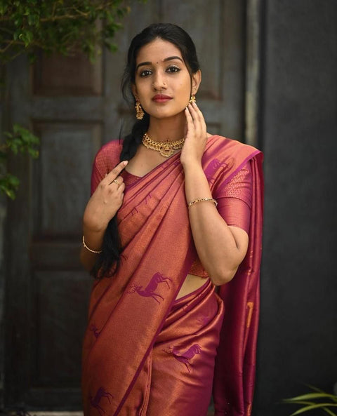 VastraLakshmi Nemesis Dark Pink Soft Silk Saree With Ailurophile Blouse Piece