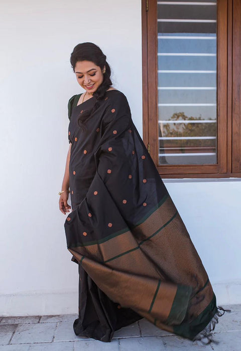 VastraLakshmi Elision Black Soft Silk Saree With Comely Blouse Piece