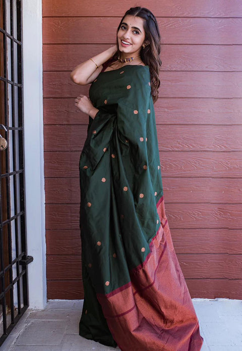 VastraLakshmi Vestigial Dark Green Soft Silk Saree With Staggering Blouse Piece