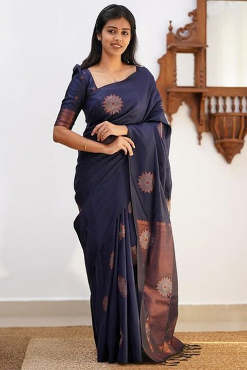 VastraLakshmi Magnetic Navy Blue Soft Silk Saree With Tempting Blouse Piece