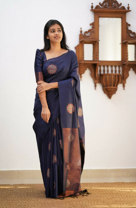 VastraLakshmi Magnetic Navy Blue Soft Silk Saree With Tempting Blouse Piece