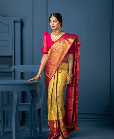 VastraLakshmi Lissome Yellow Soft Silk Saree With Glittering Blouse Piece