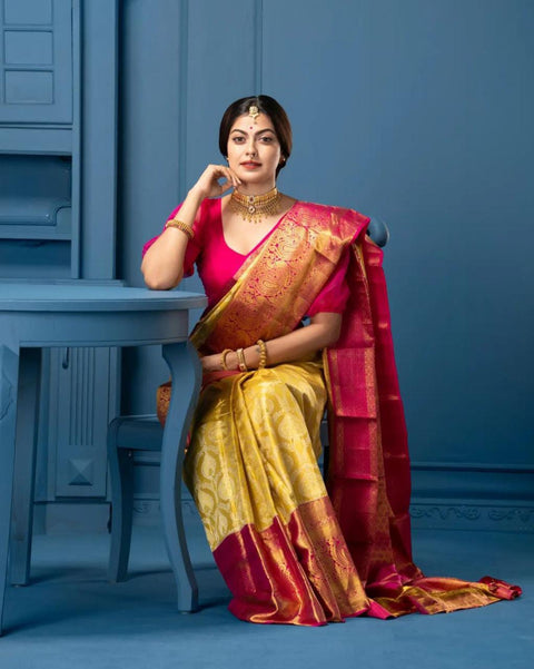 VastraLakshmi Lissome Yellow Soft Silk Saree With Glittering Blouse Piece