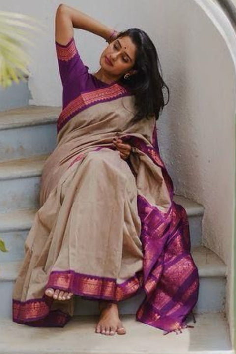 VastraLakshmi Admirable Beige Soft Silk Saree With Whimsical Blouse Piece