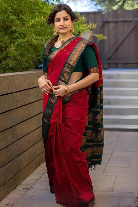 VastraLakshmi Woebegone Red Soft Silk Saree With Opulent Blouse Piece