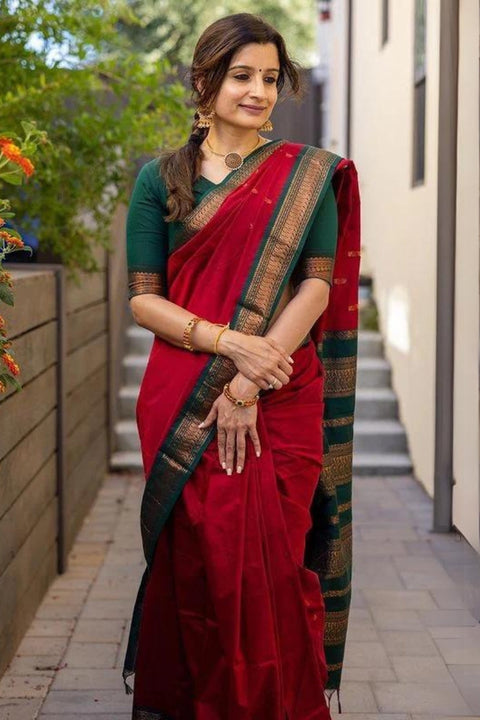 VastraLakshmi Woebegone Red Soft Silk Saree With Opulent Blouse Piece