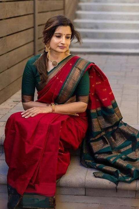 VastraLakshmi Woebegone Red Soft Silk Saree With Opulent Blouse Piece