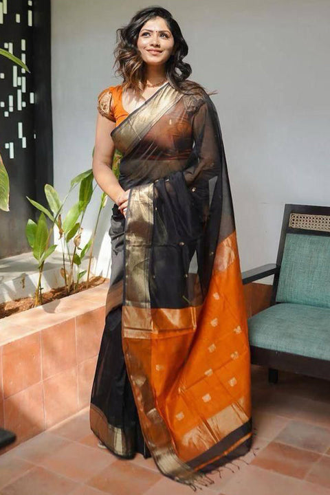 VastraLakshmi Flamboyant Black Cotton Silk Saree With Staring Blouse Piece