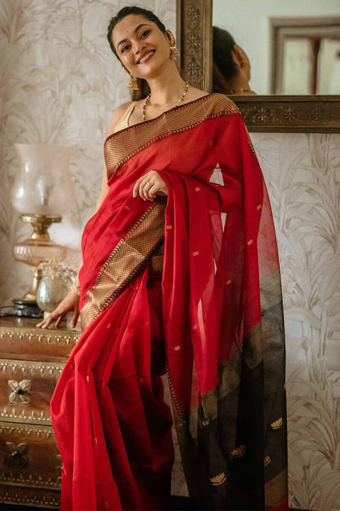 VastraLakshmi Classy Red Cotton Silk Saree With Designer Blouse Piece