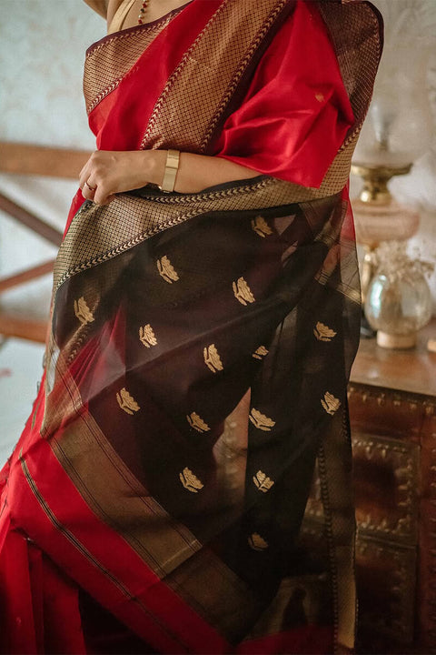 VastraLakshmi Classy Red Cotton Silk Saree With Designer Blouse Piece