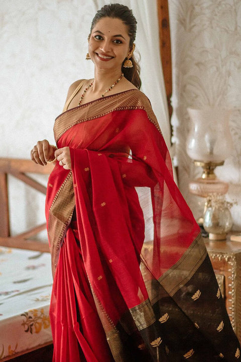 VastraLakshmi Classy Red Cotton Silk Saree With Designer Blouse Piece