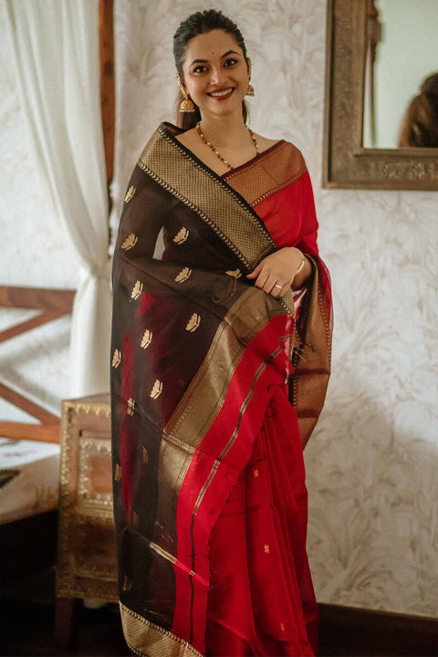 VastraLakshmi Classy Red Cotton Silk Saree With Designer Blouse Piece