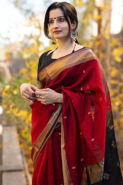 VastraLakshmi Blooming Red Cotton Silk Saree With Wonderful Blouse Piece